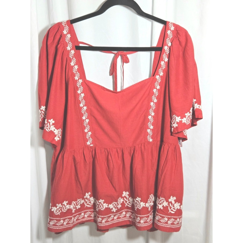 Deep Coral Embroidered Peplum Top 2X Boho Cottagecore Puff Sleeve Tie Back NWT